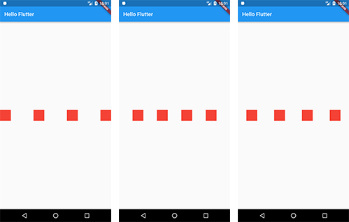 Captura de tela em que a ferramenta Flutter está aberta em um dispositivo android, em que mini quadrados estão centralizados horizontalmente em cada uma das três telas. 

