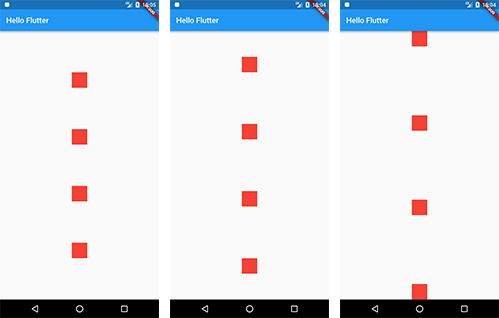 Captura de tela em que a ferramenta Flutter está aberta em um dispositivo android, em que mini quadrados estão centralizados verticalmente em cada uma das três telas. 
