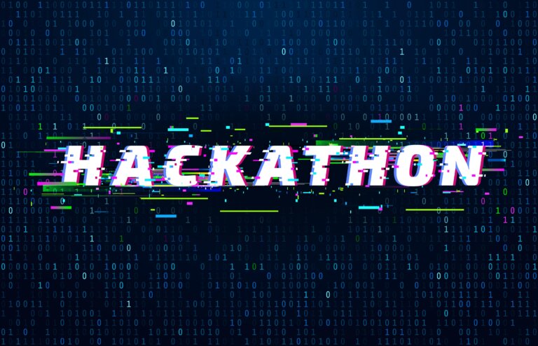 Capa do artigo com a a palavra "hackathon" escrita em branco em um fundo escuro com detalhes pequenos e coloridos.