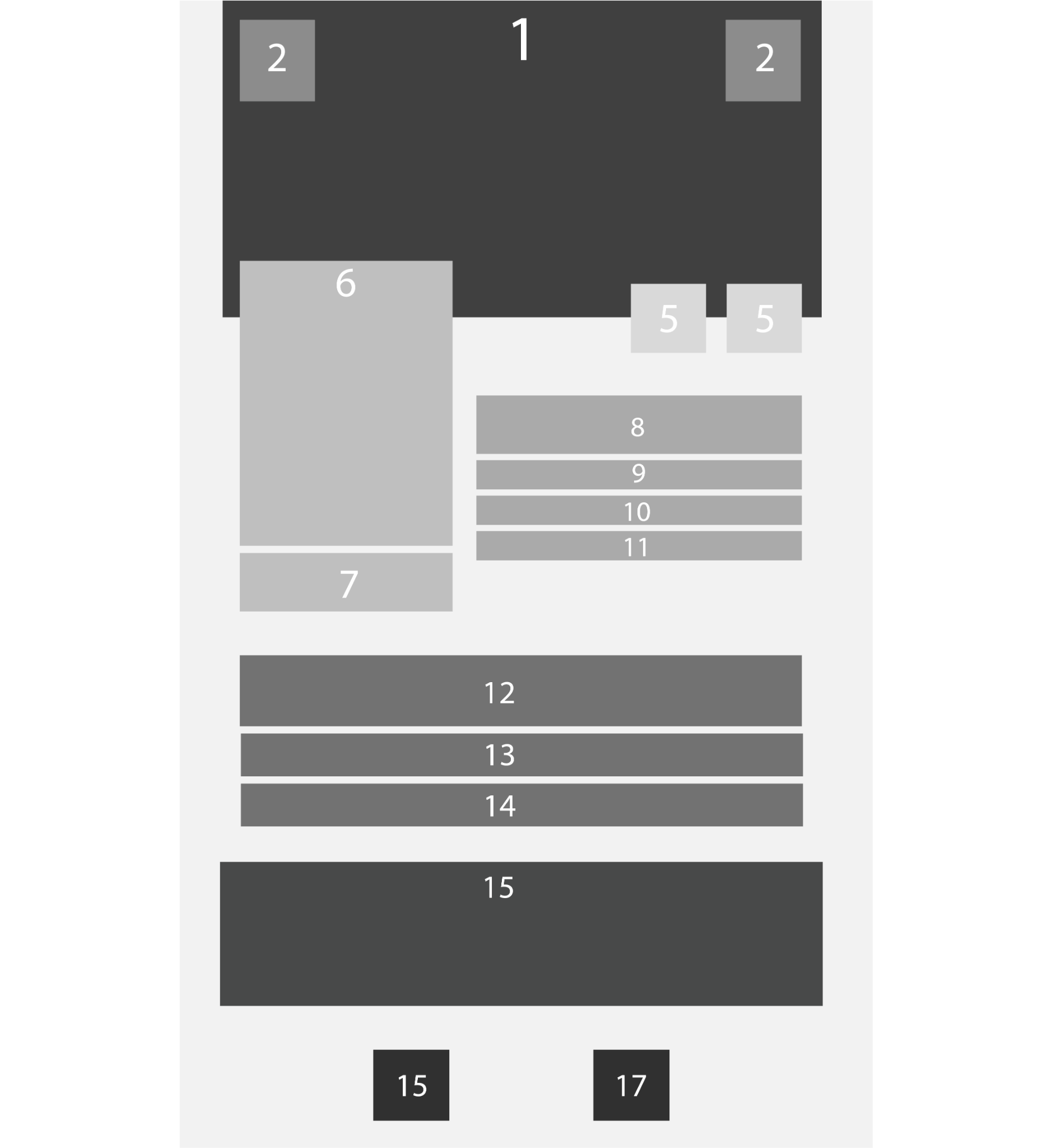 Imagem de uma parte da tela com diversas caixas, numeradas de 1 a 17. Essas caixas simulam os elementos dispostos nos containers  que foram descritos ao longo do artigo para demonstrar que o layout da tela do Beagle Movies neste tutorial pode ser visualizado dessa maneira fragmentada por caixas.