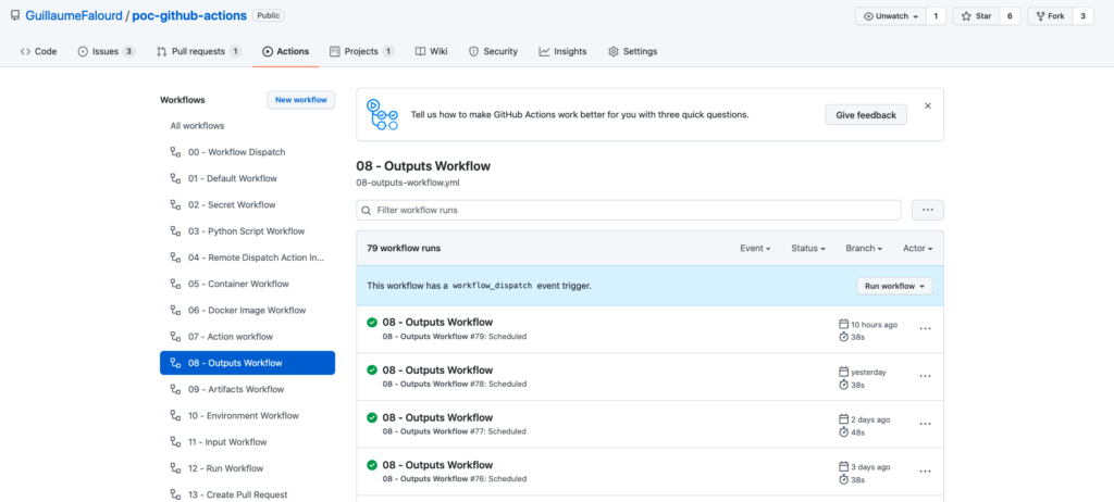 Ilustração da interface gráfica do Github num repositório de POC onde mostra os registros de execução do workflow de outputs.