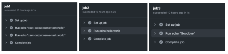 Ilustração da interface gráfica do Github num repositório de POC onde mostra o resultado dos jobs 1, 2 e 3 no workflow anterior no Github Actions.