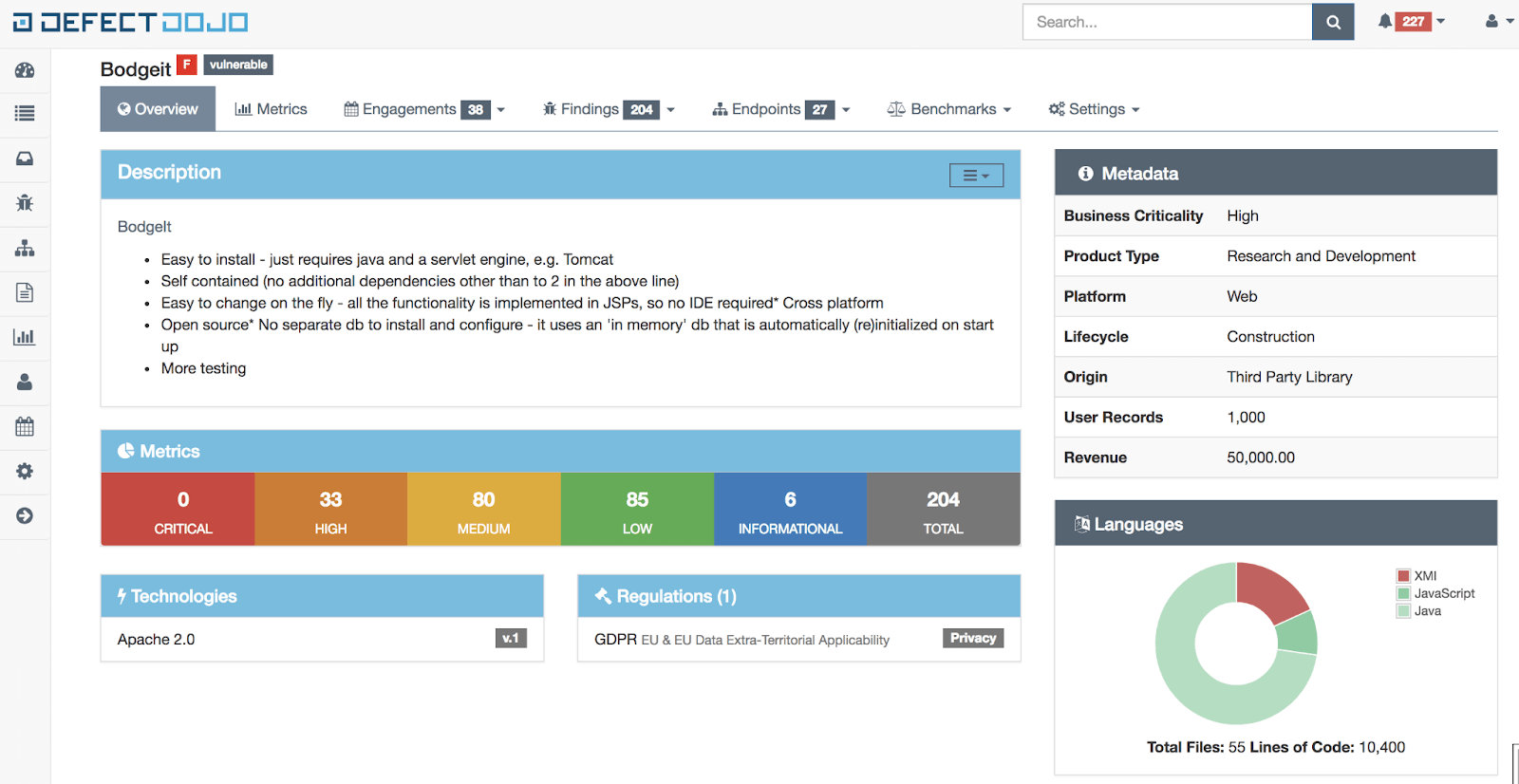 Na imagem mostra o dashboard do DefectDojo onde tem a quantidade de vulnerabilidades de um projeto específico.