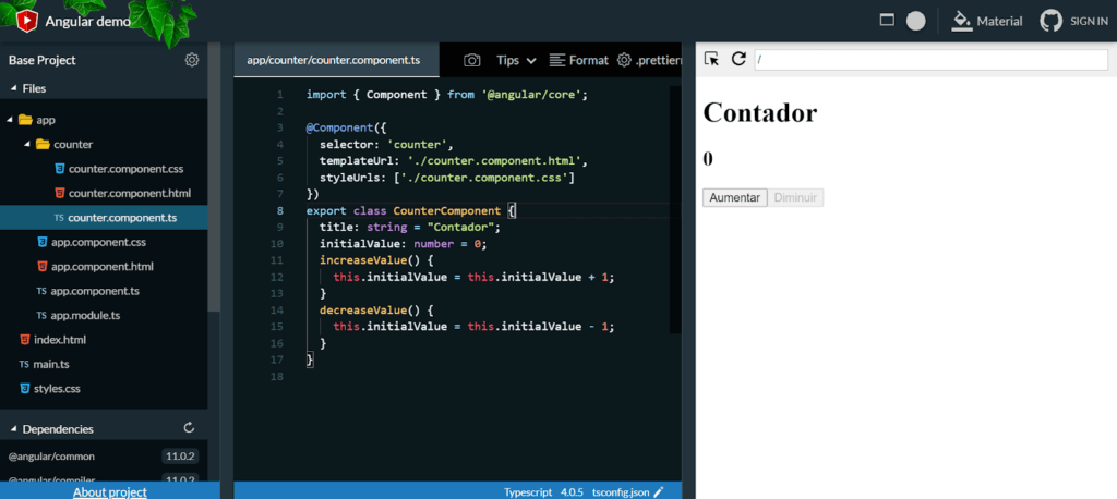 Tela do Angular demo dividido em 3 colunas. A partir da esquerda temos: 1ª coluna, a base do projeto com suas pastas. 2ª coluna, com o código do projeto. Na 3ª coluna, uma tela simples onde se lê contador no título, o número zero abaixo e por fim dois botões, “Aumentar” em evidência e ao lado “Diminuir”.