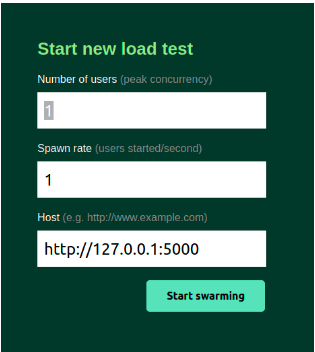 A imagem exibe o formulário para iniciar o swarm de novos usuários com os campos “number of users, spawn rate, host” e o botão “start swarming”.