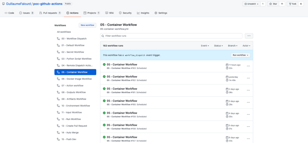 Print da interface gráfica do Github em um repositório de POC onde mostra os registros de execução do workflow de outputs.