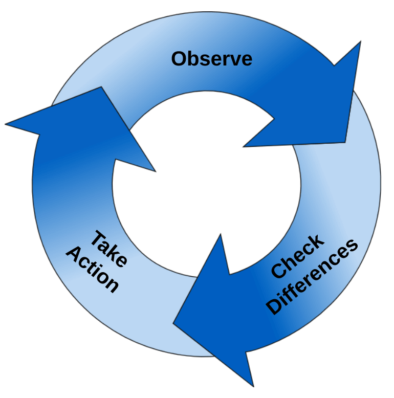 Um ciclo contínuo em 3 etapas: Observe (Observe) > Check Differences (Checar diferenças) > Take Action (Tomar uma atitude).