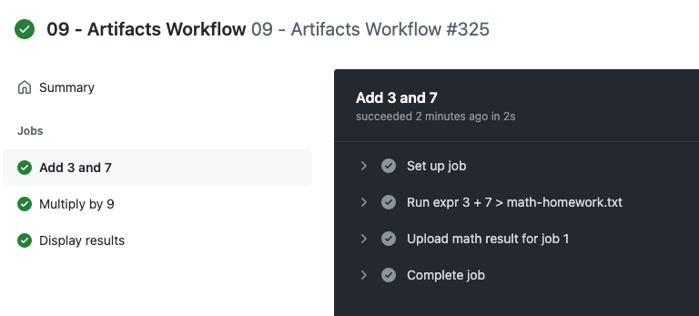 Reprodução (print) da interface gráfica do Github em um repositório de POC onde mostra o resultado do job Add 3 and 7 executado no workflow anterior no Github Actions.