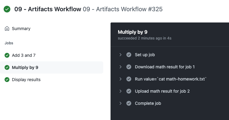 Reprodução (print) da interface gráfica do Github em um repositório de POC onde mostra o resultado do job Multiply by 9 executado no workflow anterior no Github Actions.