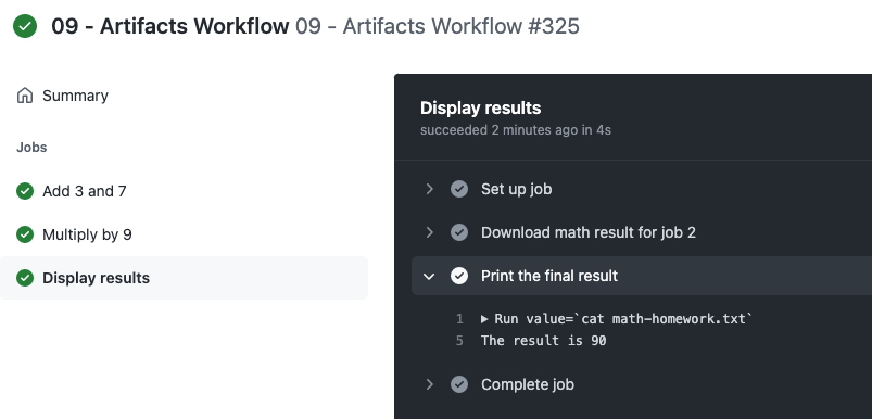 Reprodução (print) da interface gráfica do Github em um repositório de POC onde mostra o resultado do job Display Results executado no workflow anterior no Github Actions.