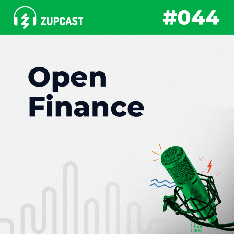 Capa do ZupCast sobre “Open Finance”, onde temos a logo do ZupCast, seu título e o número do episódio.