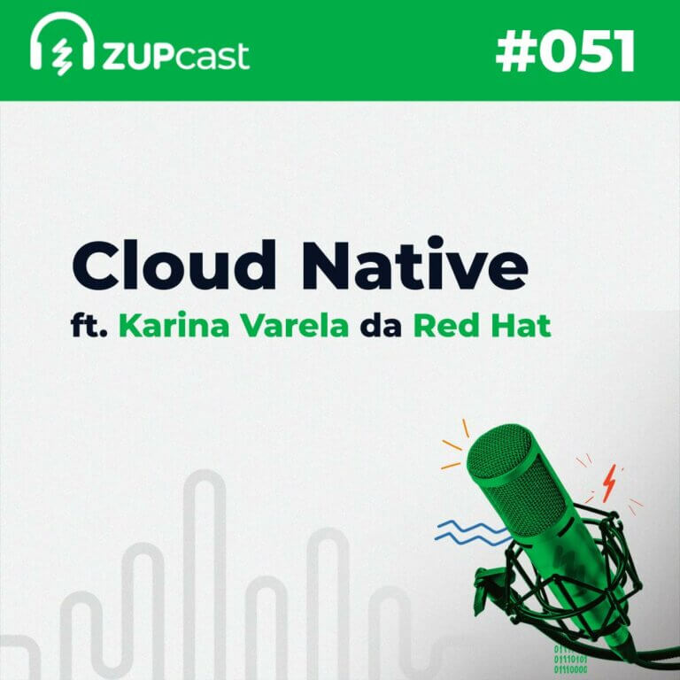 Capa do ZupCast sobre “Cloud Native com Karina Varela da Red Hat”, onde temos a logo do ZupCast, seu título e o número do episódio.