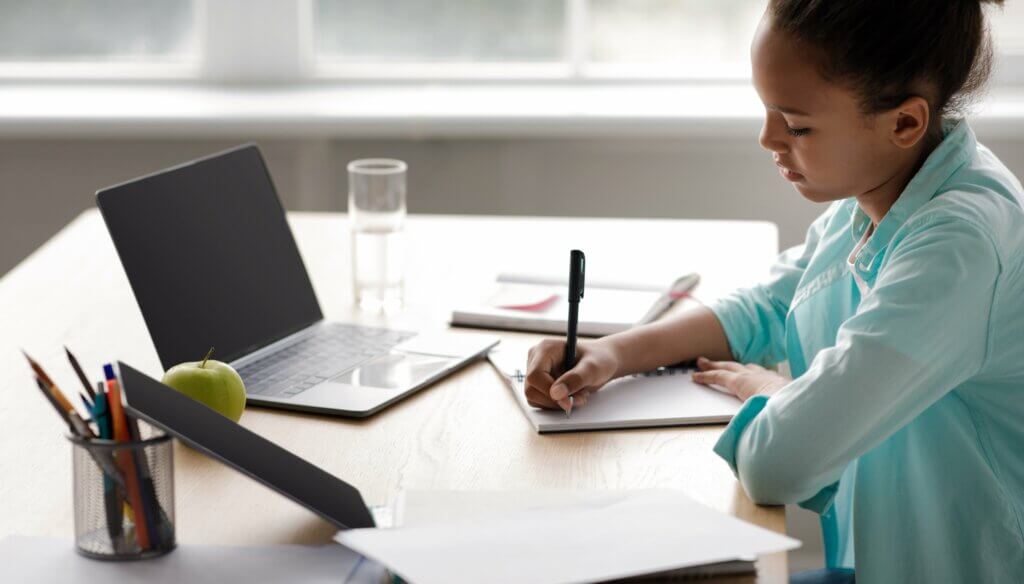 Capa do artigo sobre Inteligência Computacional: estratégias para o Ensino Personalizado. Na imagem, uma menina negra de blusa azul está escrevendo em seu caderno, enquanto está em frente a um notebook.