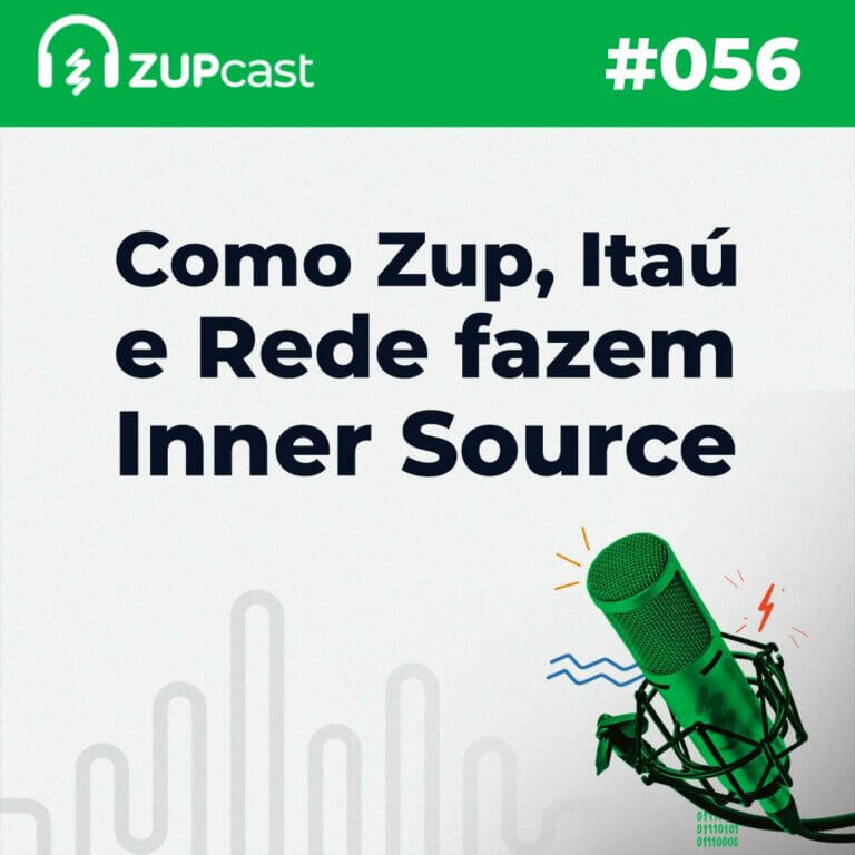 Capa do ZupCast sobre "Como Zup, Itaú e Rede fazem Inner Source", onde temos um microfone, o número da edição do podcast e o título completo.