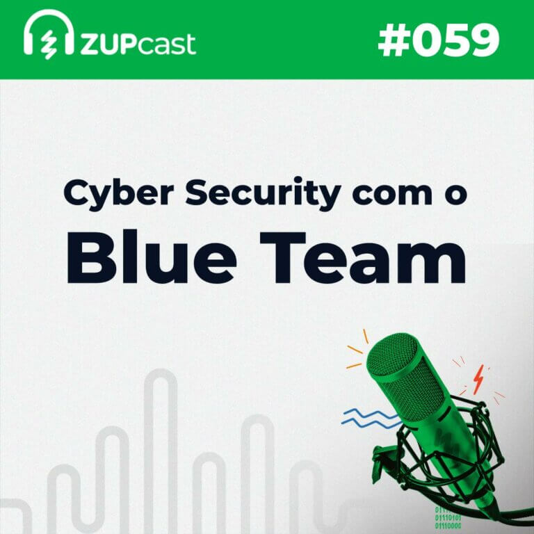Cyber Security com o Blue team: Na parte superior da imagem está uma linha verde em que está "ZupCast" e o logo da Zup dentro de um fone de ouvido. Do outro lado está "#059". Logo abaixo em um fundo cinza está escrito "JAVA 19" e há um microfone verde no canto inferior direito.