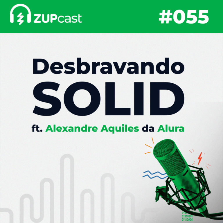Capa do ZupCast sobre "Desbravando SOLID", onde temos um microfone, o número da edição do podcast e o título completo