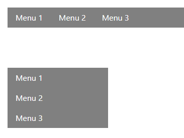 Visualização do menu em um navegador web, sendo o primeiro contendo três opções na horizontal e o segundo com três opções na vertical