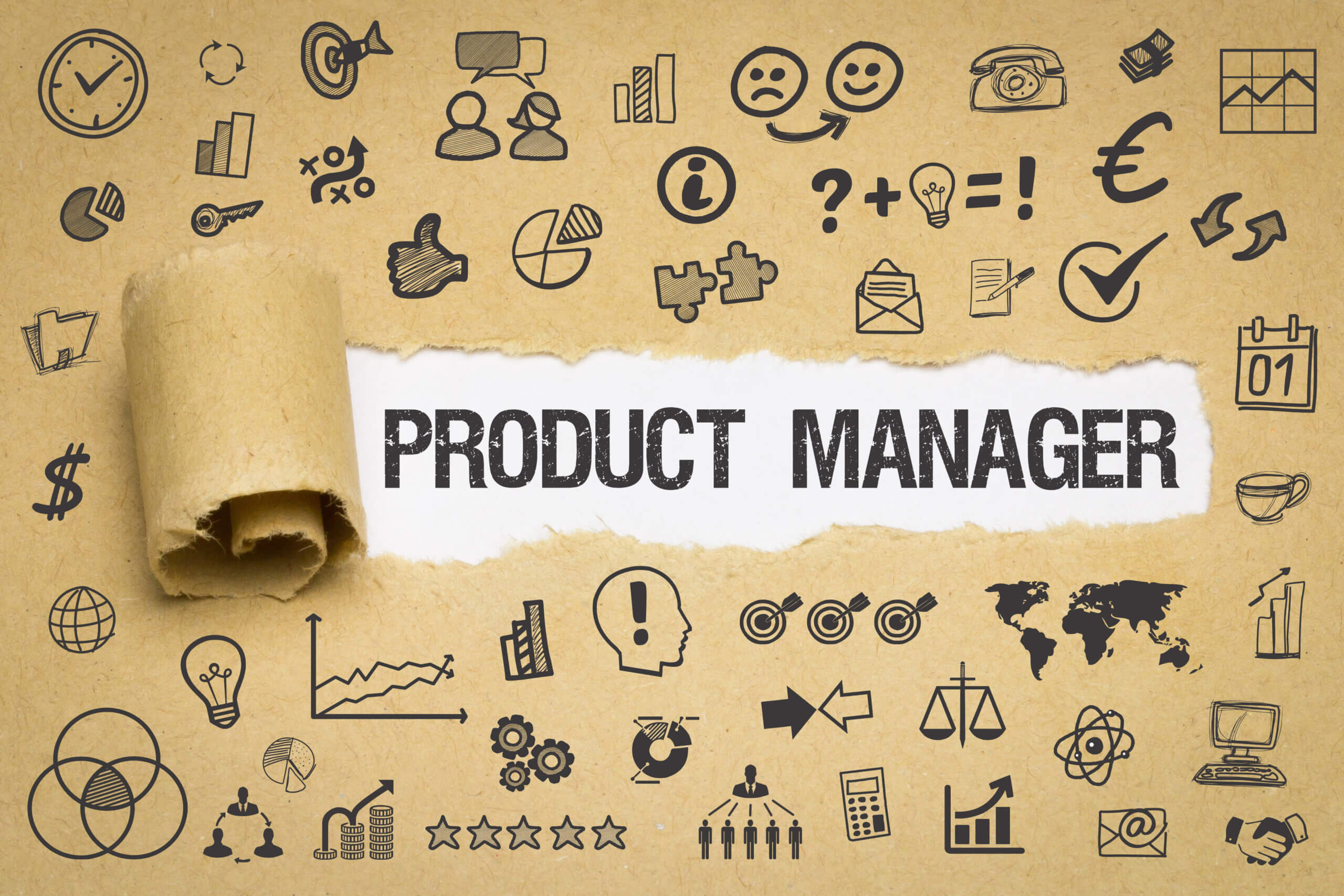Conceito de product manager em uma imagem com diversos ícones que representam o cargo.