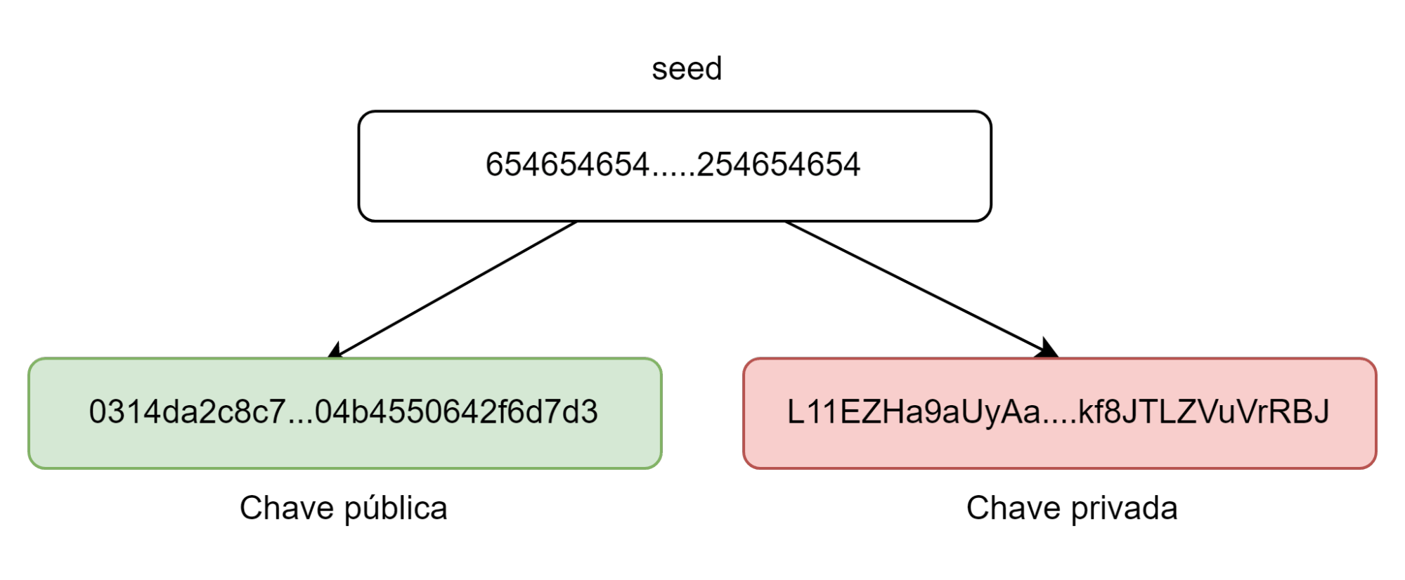 Imagem semelhante a anterior. Neste caso, ela mostra um número muito grande, o seed (654654654…..254654654) gerando outros dois números indicados por setas à direita e à esquerda: “Chave pública” (0314da2c8c7…04b4550642f6d7d3), representado utilizando caracteres alfanuméricos, e outro “Chave privada” (L11EZHa9aUyAa….kf8JTLZVuVrRBJ) representado também por caracteres alfanuméricos.
